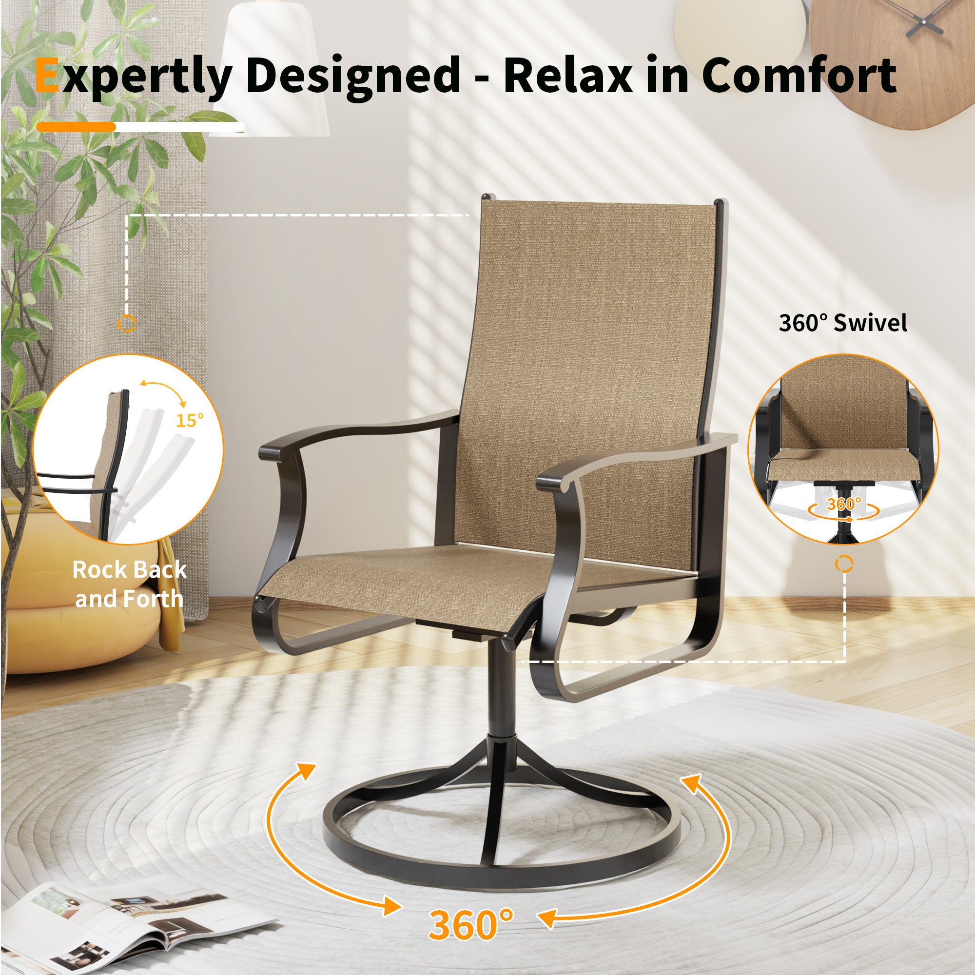 UDPATIO Swivel Patio Chairs Set of 4, Outdoor Swivel Rocker Patio Chairs with High Back, All Weather Textilene & Metal Frame for Backyard, Lawn, Porch, Pooside or Garden, Brown