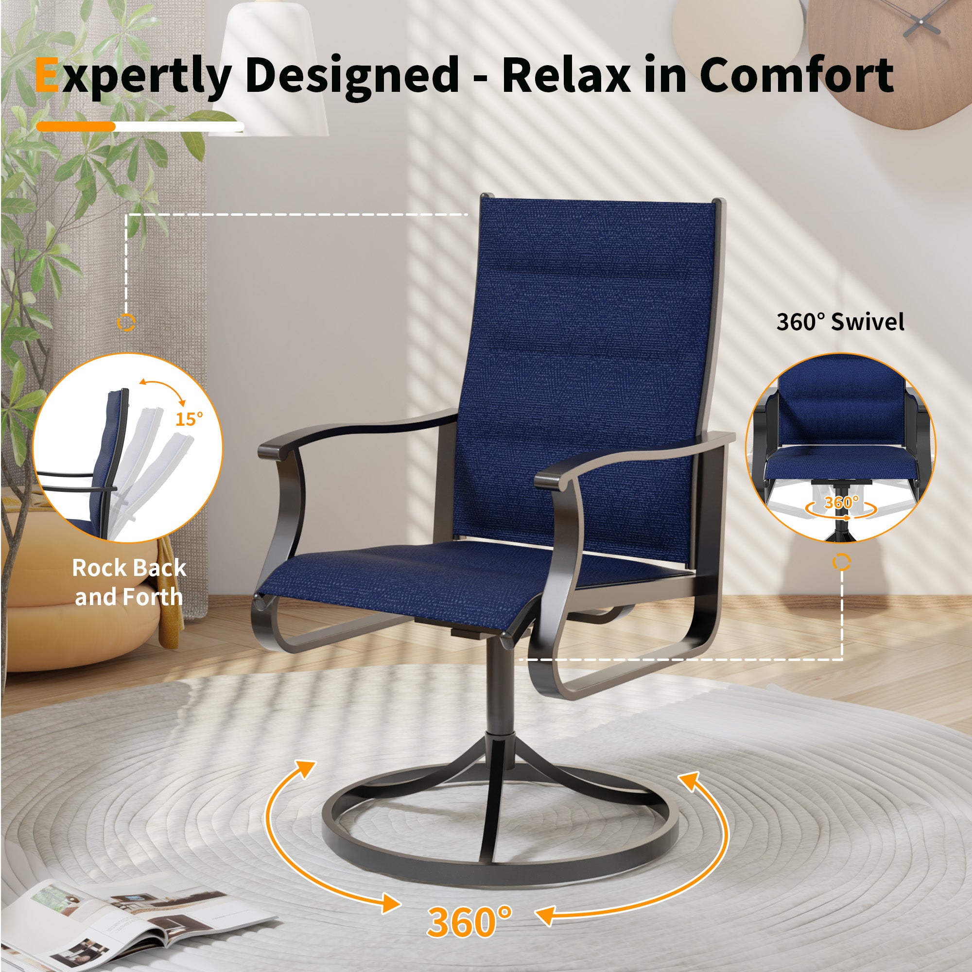 UDPATIO Swivel Patio Chairs Set of 4, Outdoor Swivel Rocker Patio Chairs with High Back, All Weather Textilene & Metal Frame for Backyard, Lawn, Porch, Pooside or Garden, Navy Blue - Padded