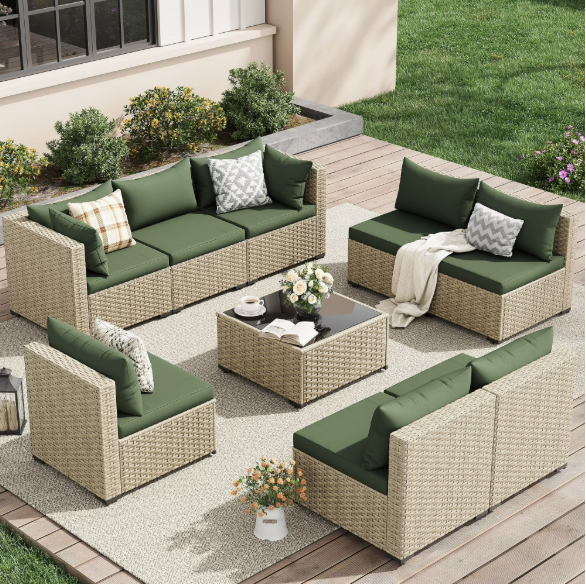 UDPATIO 9 Pieces Outdoor Patio Furniture Set, Outdoor Wicker Patio Conversation Set with Cushions for Backyard, Porch, Garden(Green)