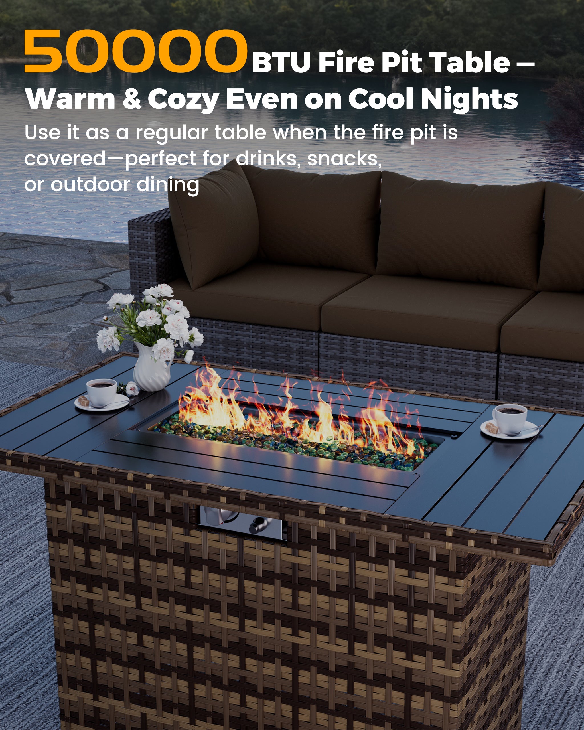 UDPATIO Furniture Set with Fire Pit Table, 8 Piece Sectional Sofas, All-Weather Wicker Conversation for Garden, Backyard, Brown