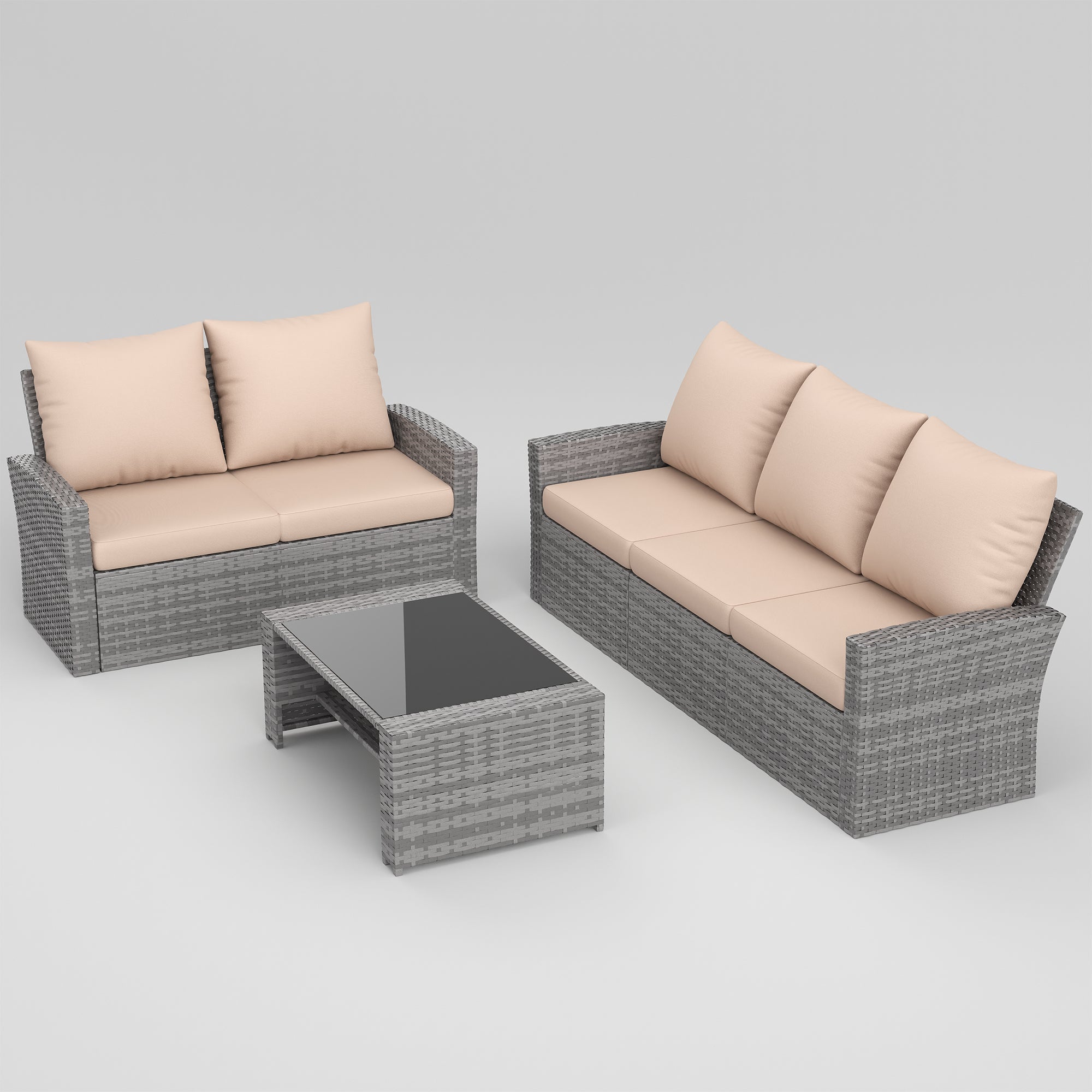 UDPATIO Wicker Patio Furniture Set,Gray PE Rattan Patio Sofa Set with coffee table,Multi-person Outdoor Sectional Conversation Sets for Balcony, Porch, Backyard, Beige