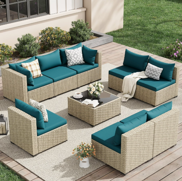 UDPATIO 9 Pieces Outdoor Patio Furniture Set, Outdoor Wicker Patio Conversation Set with Cushions for Backyard, Porch, Garden(Peacock Blue)