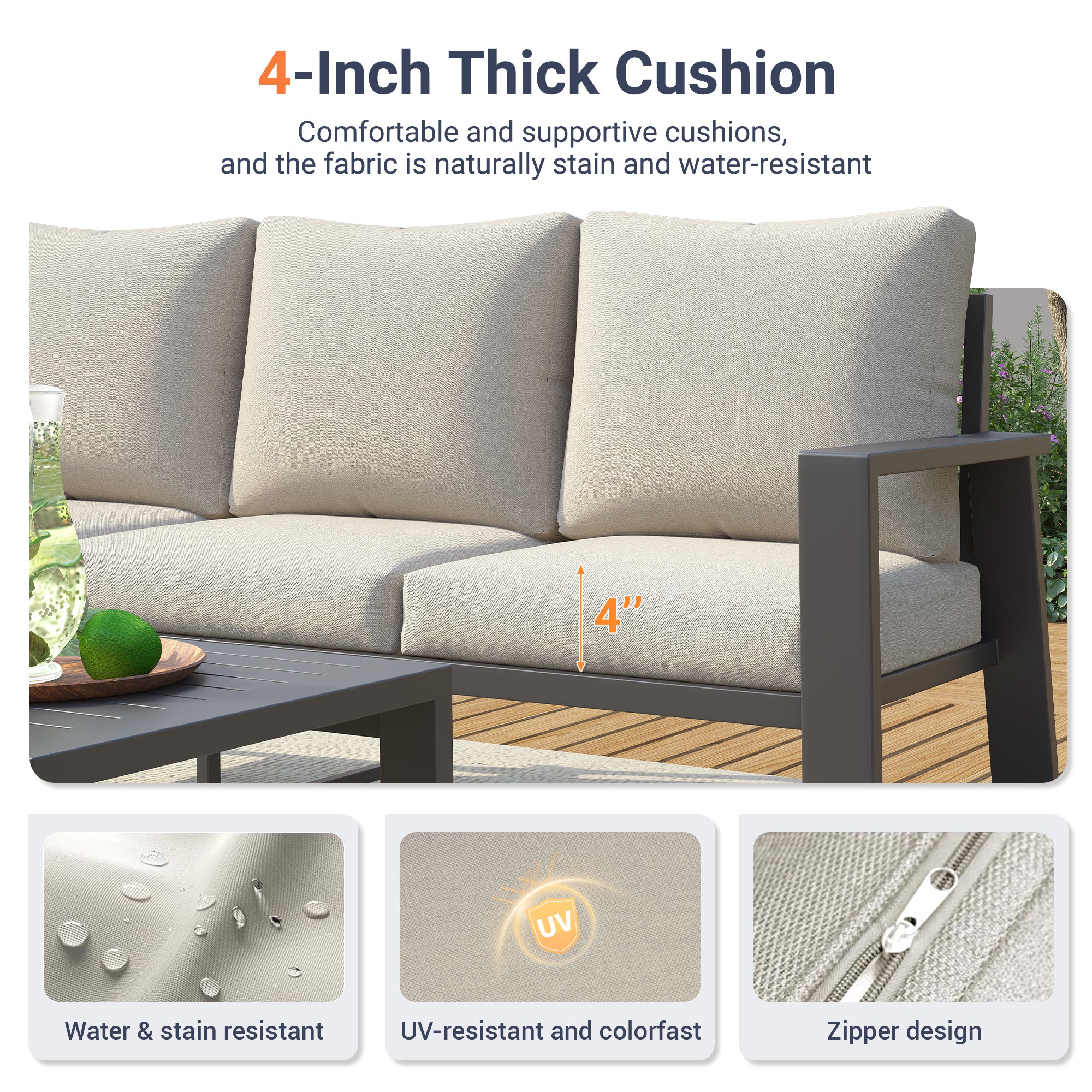 UDPATIO Aluminum Patio Furniture Set, 4 Pieces Sectional Metal Conversation Sofa Modern Seating Set with Coffee Table for Outdoor Garden Backyard, Beige