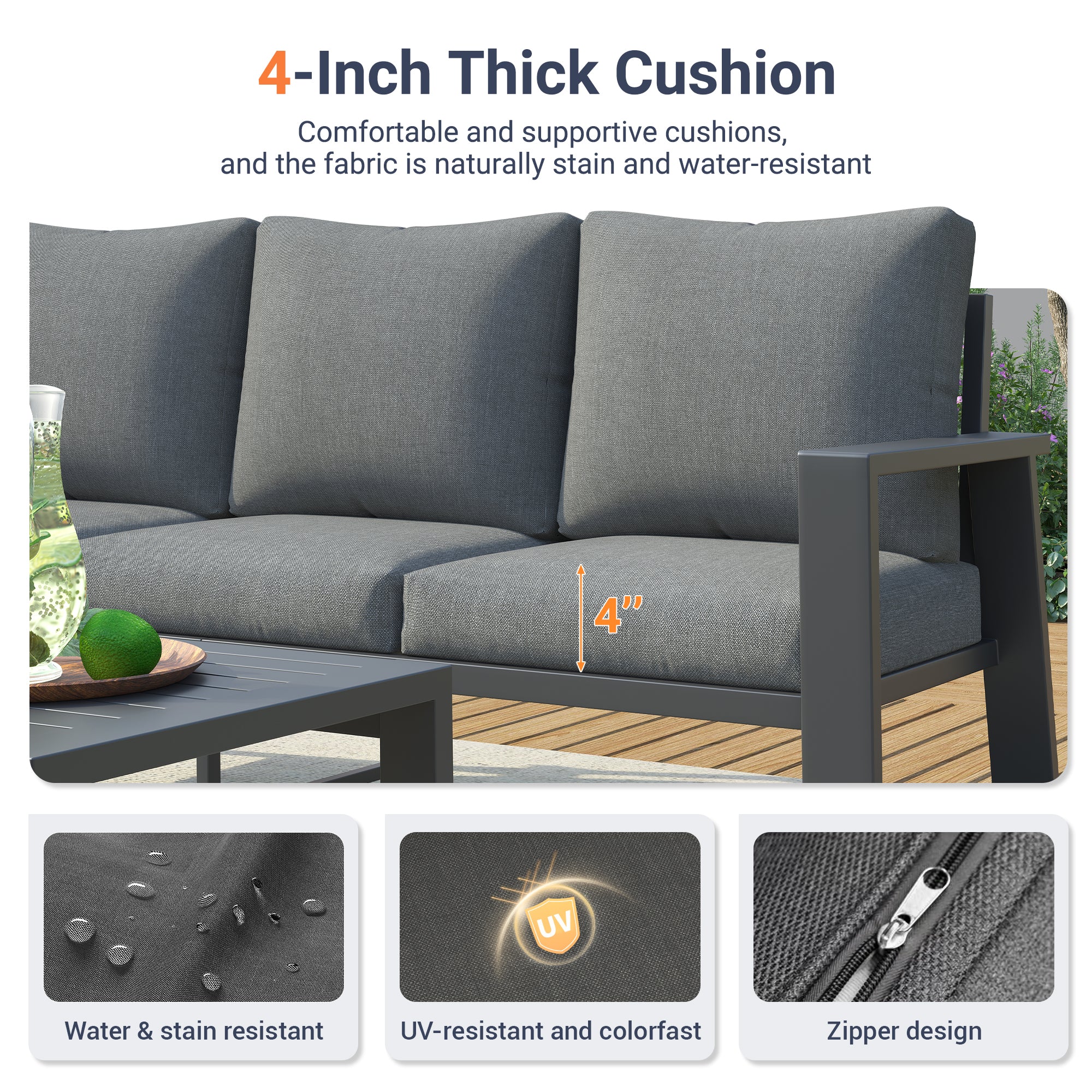 UDPATIO Aluminum Patio Furniture Set, 4 Pieces Sectional Metal Conversation Sofa Modern Seating Set with Coffee Table for Outdoor Garden Backyard, Grey