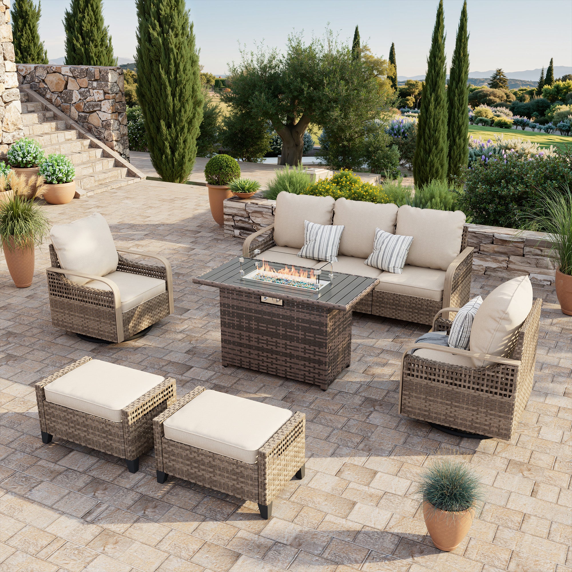 Patio Furniture Set with Fire Pit Table, 6 Pcs Patio Set with Swivel Glide Chairs, All-Weather Wicker Outdoor Sectional Sofa Washable Thick Cushions, Yellow/Beige