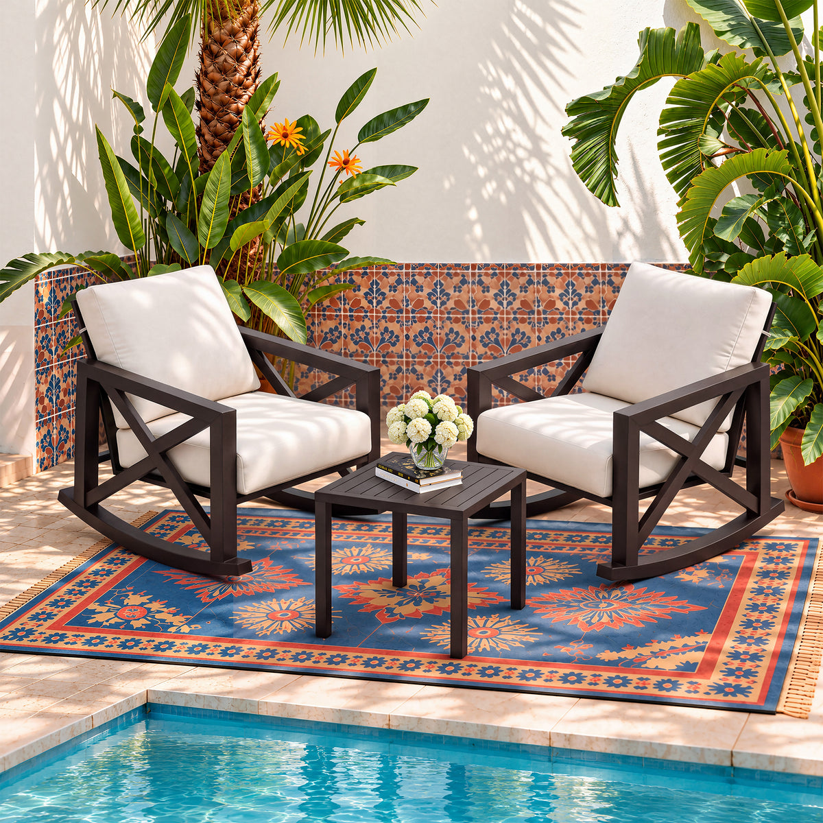 UDAPTIO Outdoor Rocking Chairs with 6-Inch Cushions, 3-Piece Bistro Set Smooth Rocking Motion; 6-Inch Foam Cushions; Polyester Fabric; Iron Frame; 350 lb Capacity; Brown & Beige