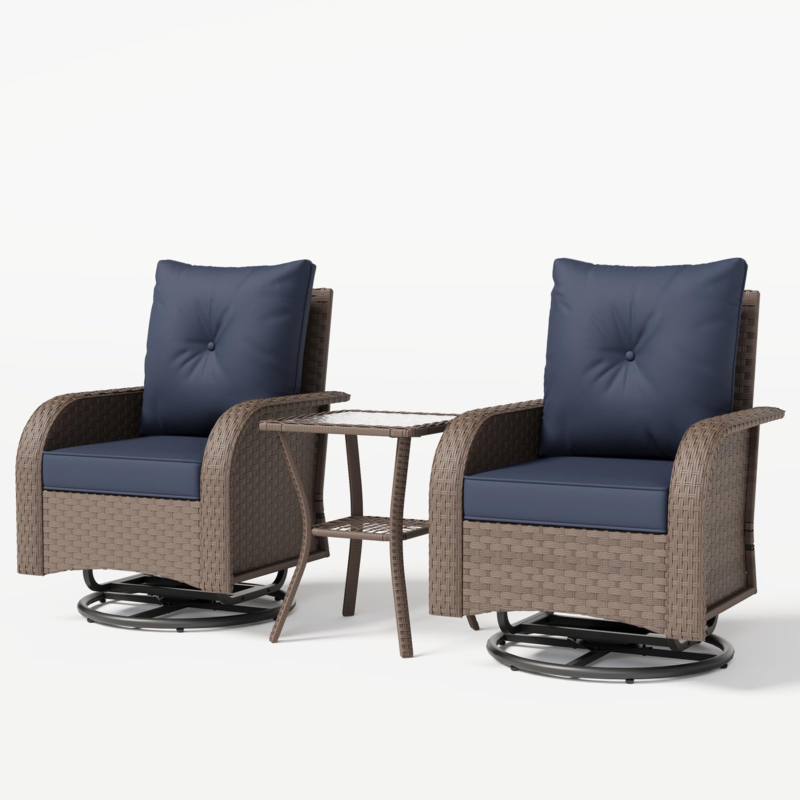 UDPATIO Swivel Rocker Chair Set 2 with Side Table, 3 Piece Wicker Bistro Set with 4" Water-Resistant Cushions, Outdoor Glider for Front Porch, Patio, Balcony, Brown/Navy Blue