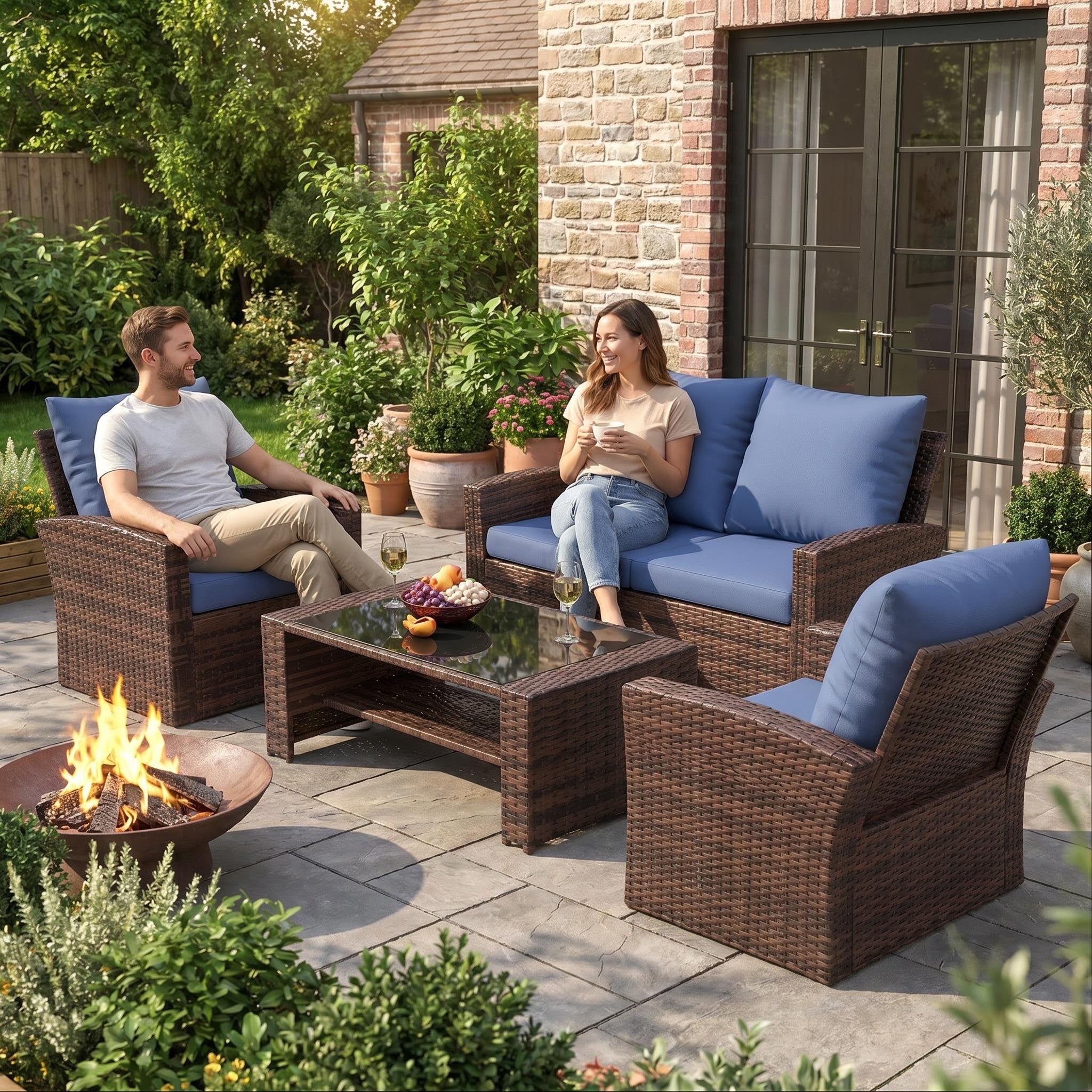 UDPATIO Patio Furniture Set, Outdoor Furniture Sets with Loveseats Sofa, Wicker Rattan Outdoor Conversation Set with Storage CoffeeTable for Backyard, Deck, Porch,Brown/Blue
