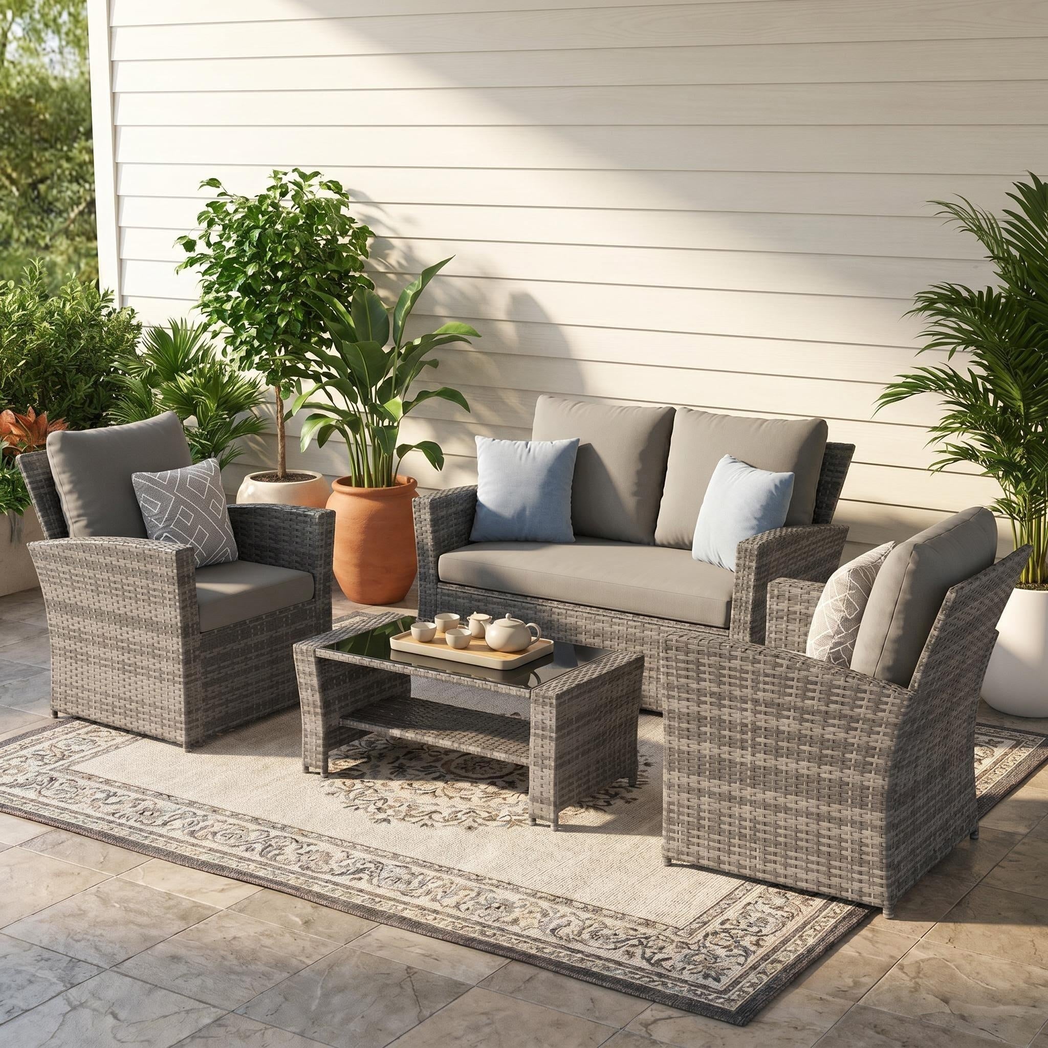 UDPATIO Patio Furniture Set, Outdoor Furniture Sets with Loveseats Sofa, Wicker Rattan Outdoor Conversation Set with Storage CoffeeTable for Backyard, Deck, Porch, Grey/Grey