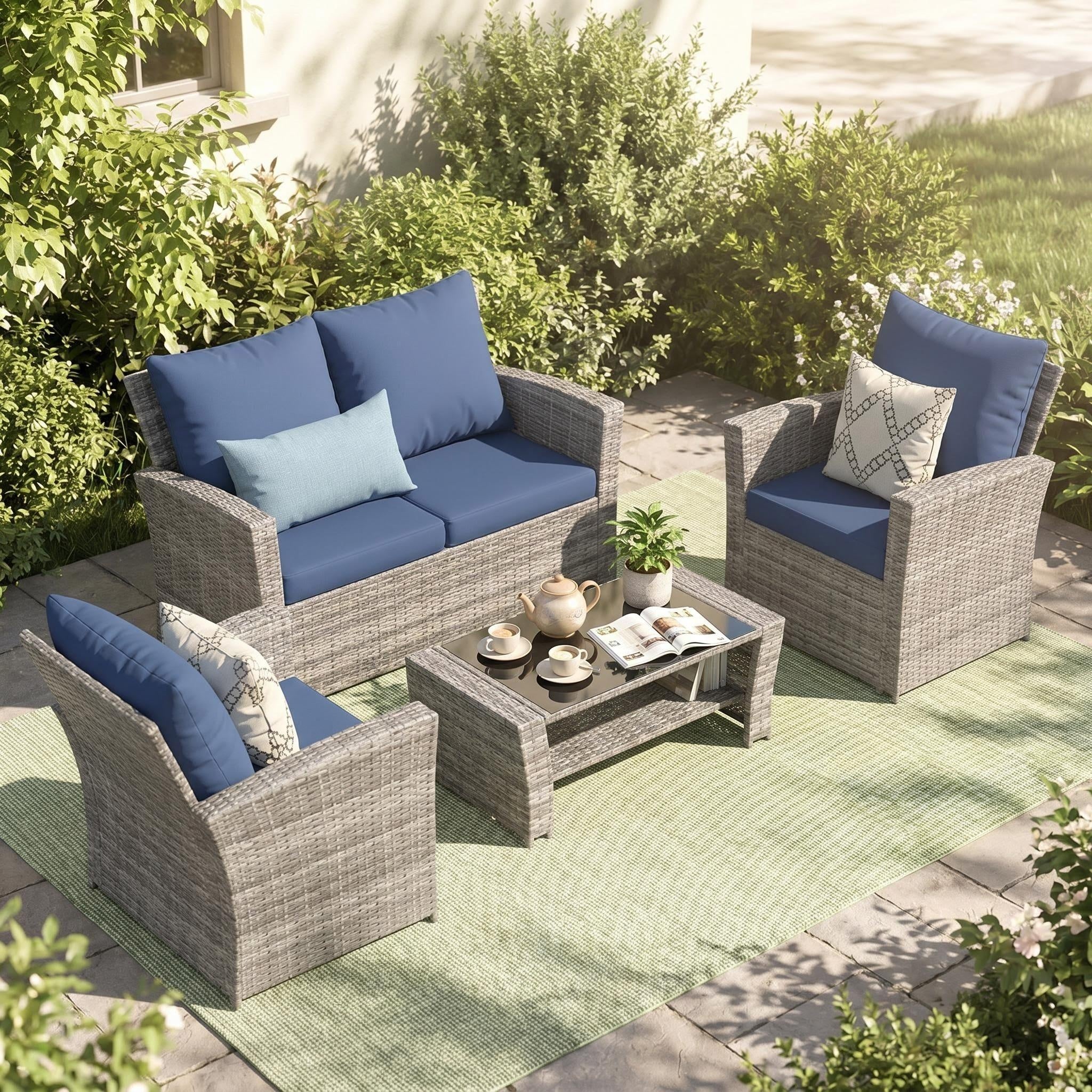 UDPATIO Patio Furniture Set, Outdoor Furniture Sets with Loveseats Sofa, Wicker Rattan Outdoor Conversation Set with Storage CoffeeTable for Backyard, Deck, Porch, Grey/Navy