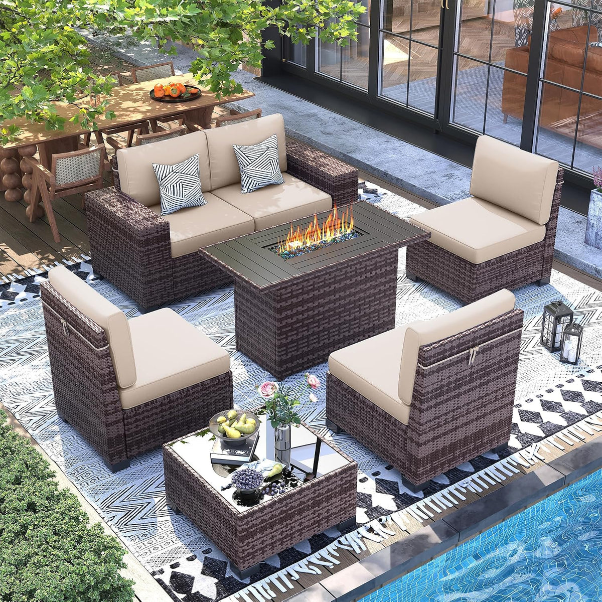 UDPATIO Furniture Set with Fire Pit Table, 8 Inch Wide Armrest 7 Piece Sectional Sofas, All-Weather Wicker Conversation for Garden, Backyard,