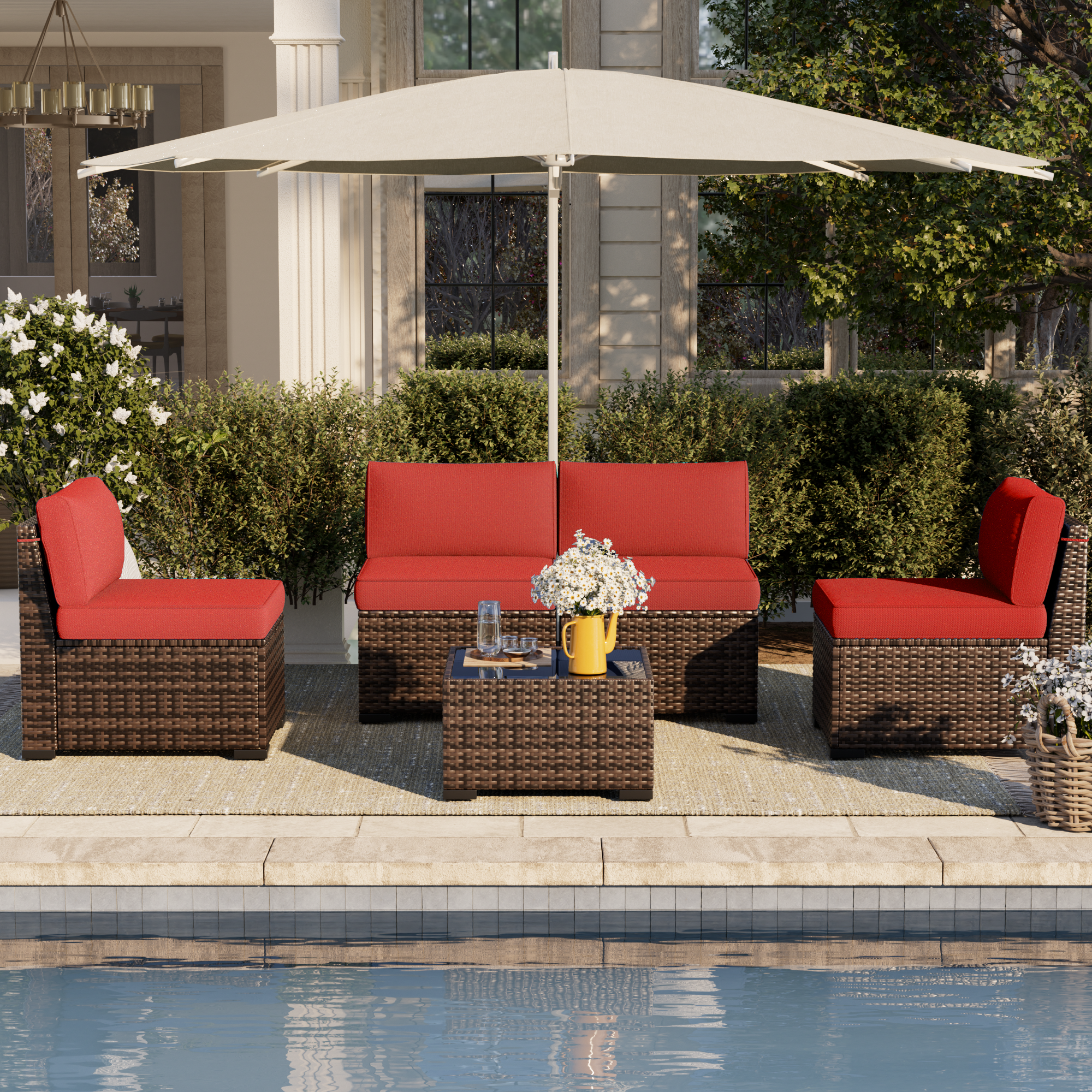 UDPATIO Patio Furniture Set, Modular Outdoor Sectional with 105°Slanted Back, 5 Pieces Rattan Conversation Set for Poolside, Backyard, Deck, with Coffee Table, Waterproof Cover