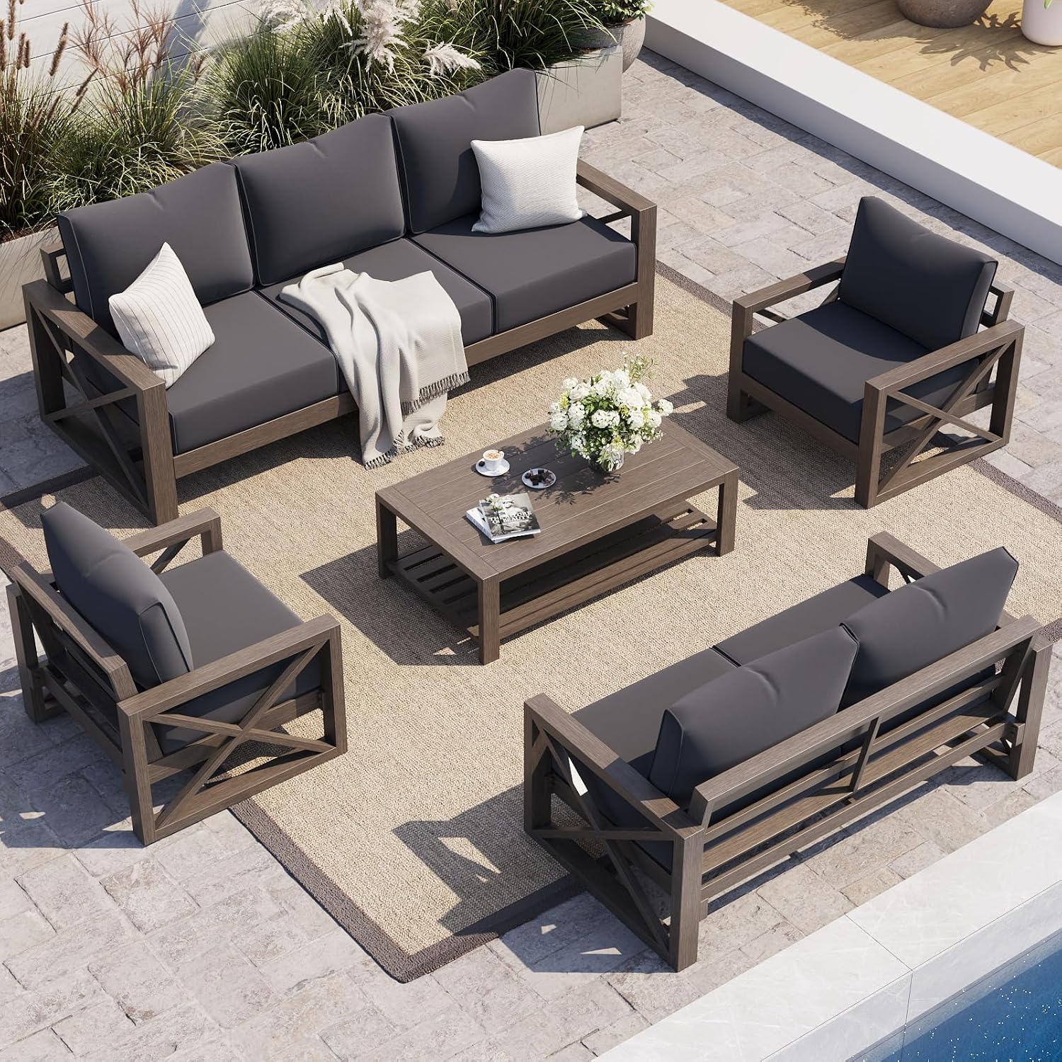 UDPATIO Aluminum Outdoor Patio Furniture Set Faux Wood Grain 5 Pcs Grey