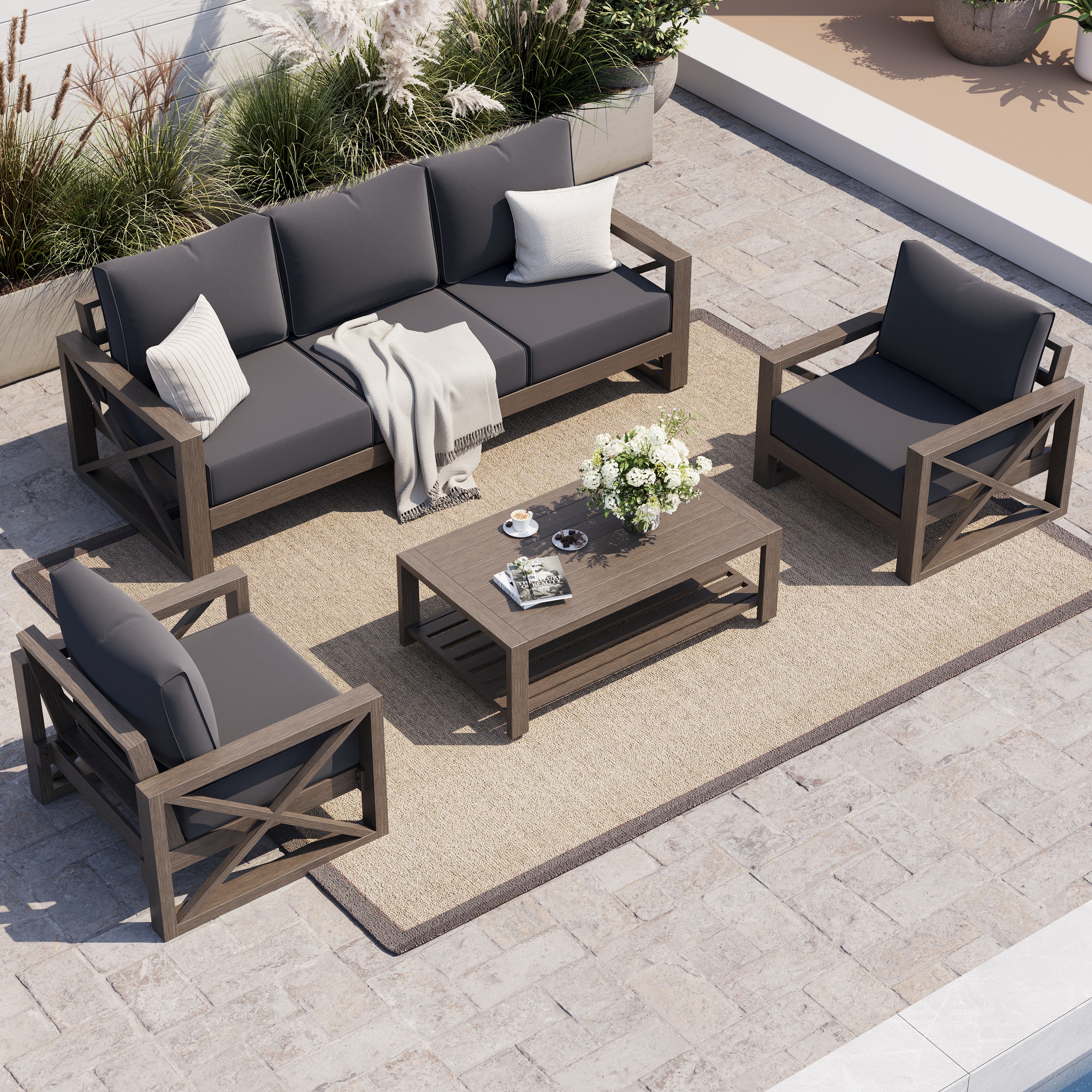 UDPATIO Aluminum Outdoor Patio Furniture Set, Faux Wood Grain, 4 PCS, Grey