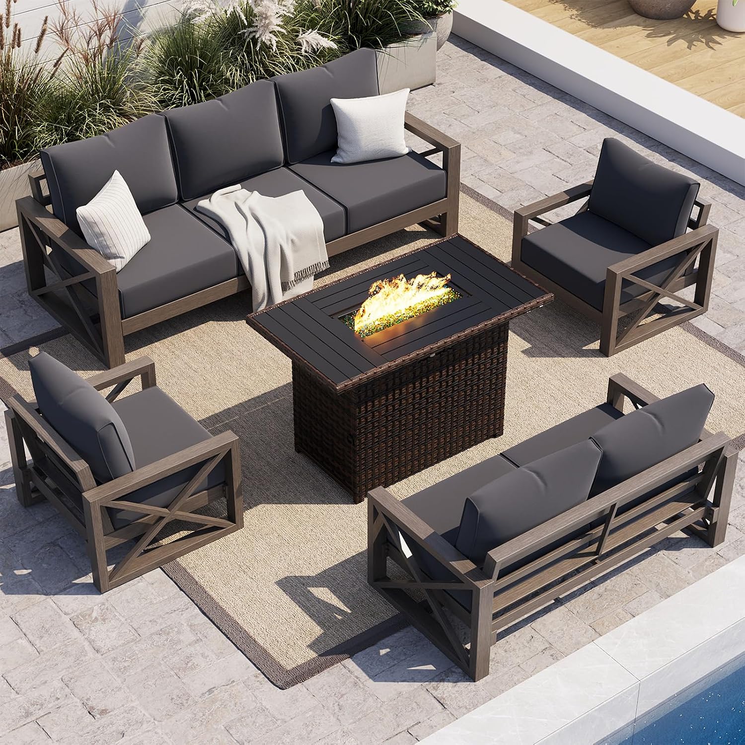 UDPATIO Aluminum Outdoor Patio Furniture Set with Fire Pit 5 Pcs Grey