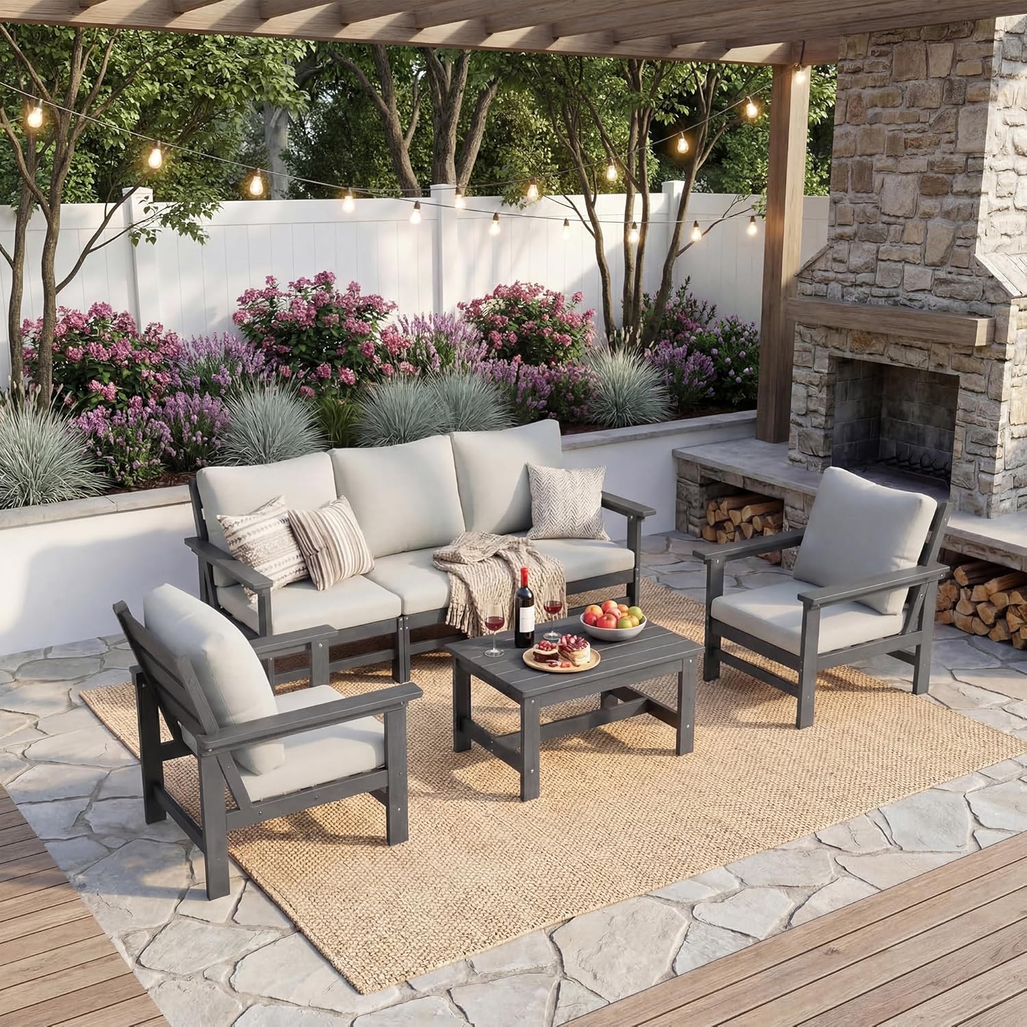 HDPE Patio Furniture Set 6 Piece Outdoor Furniture Sets Modular Sofa Set with Cushion All Weather Patio Conversation Set for Yard Garden Poolside Deck
