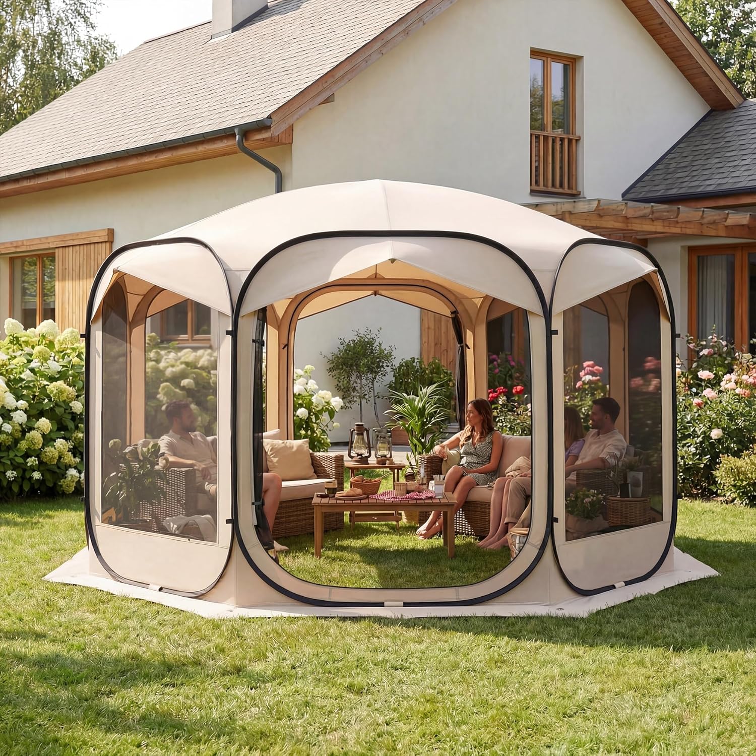 Pop Up Screen House Tent 12x12 FT Portable Instant Screen Canopy Tent with Carry Bag Waterproof UV Protection Outdoor Gazebo for Patio Backyard Camping Deck Beach