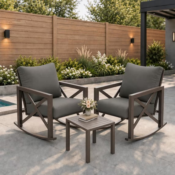UDPATIO 3-Piece Metal Patio Rocking Chair Set with 2 Outdoor Rockers, 6.5-Inch Olefin Cushions and Coffee Table, 350 lb Capacity, Gray