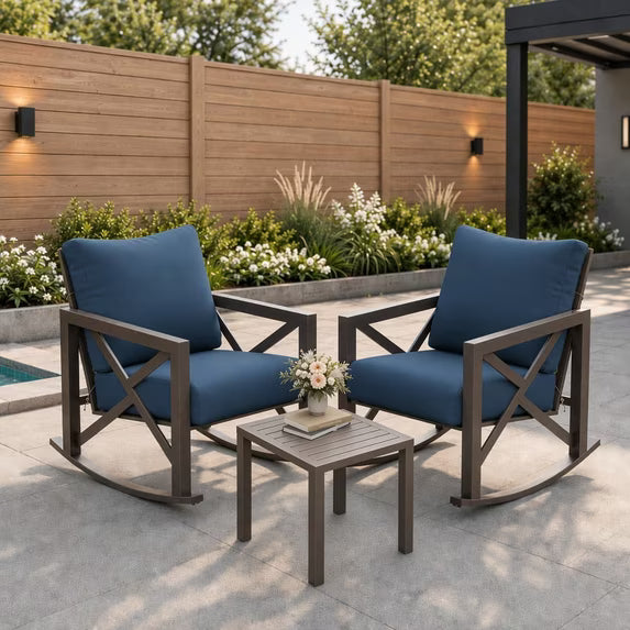UDPATIO 3-Piece Metal Patio Rocking Chair Set with 2 Outdoor Rockers, 6.5-Inch Olefin Cushions and Coffee Table, 350 lb Capacity, Navy Blue