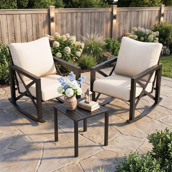 UDPATIO 3-Piece Metal Patio Rocking Chair Set with 2 Outdoor Rockers, 6.5-Inch Olefin Cushions and Coffee Table, 350 lb Capacity, Black/Beige