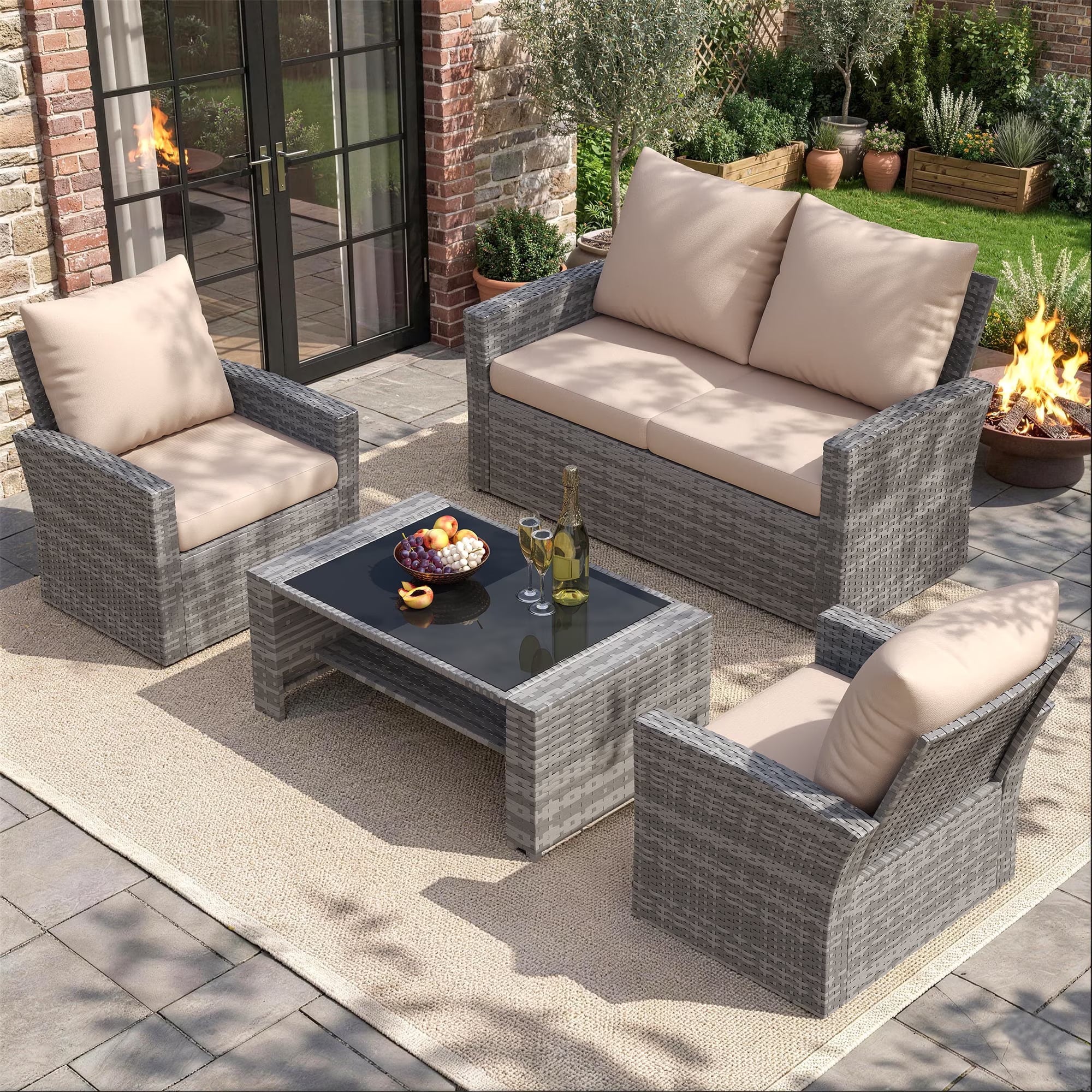 UDPATIO 4 Piece Outdoor Sectional Conversation Sets, Wicker Patio Furniture Set with Gray PE Rattan Patio Sofa Set for Balcony, Porch, Backyard, Beige