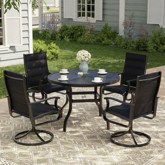 UDPATIO 5-Piece Outdoor Swivel Bistro Set, 360° Padded Swivel Patio Chairs with 39" Round Metal Table with Umbrella Hole, All Weather Dining Set for Backyard Balcony, Black