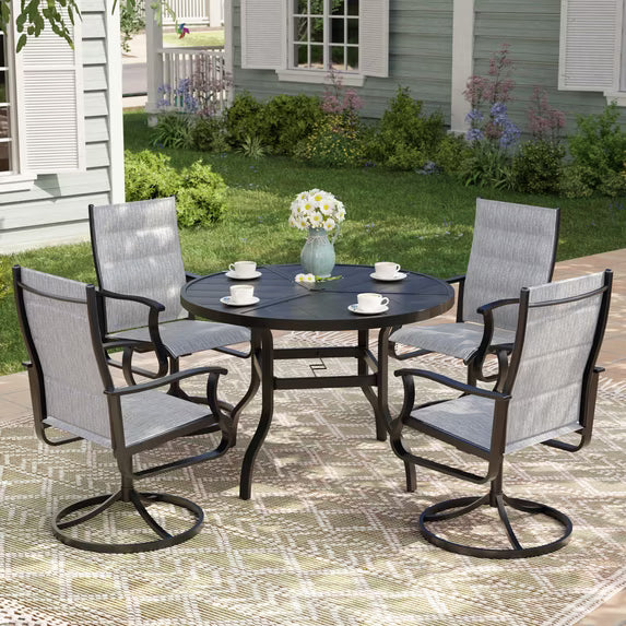 UDPATIO 5-Piece Outdoor Swivel Bistro Set, 360° Padded Swivel Patio Chairs with 39" Round Metal Table with Umbrella Hole, All Weather Dining Set for Backyard Balcony, Light Grey