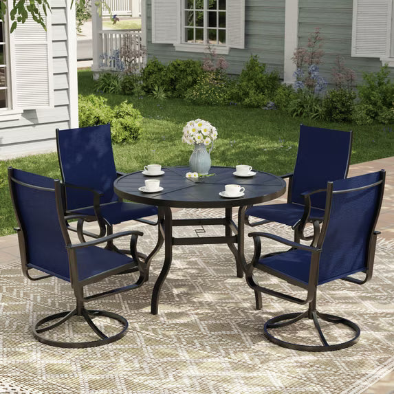 UDPATIO 5-Piece Outdoor Swivel Bistro Set, 360° Swivel Patio Chairs with 39" Round Metal Table with Umbrella Hole, All Weather Dining Set for Backyard Balcony, Navy Blue