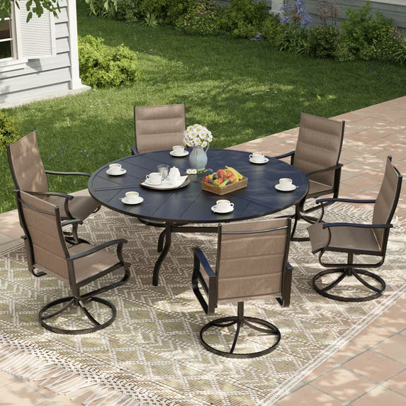 UDPATIO 7-Piece Outdoor Swivel Bistro Set, 360° Padded Swivel Patio Chairs with 51" Round Metal Table with Umbrella Hole, All Weather Dining Set for Backyard Balcony, Brown