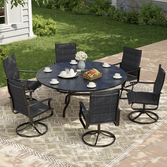 UDPATIO 7-Piece Outdoor Swivel Bistro Set, 360° Padded Swivel Patio Chairs with 51" Round Metal Table with Umbrella Hole, All Weather Dining Set for Backyard Balcony, Dark Grey