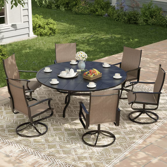 UDPATIO 7-Piece Outdoor Swivel Bistro Set, 360° Swivel Patio Chairs with 51" Round Metal Table with Umbrella Hole, All Weather Dining Set for Backyard Balcony, Brown