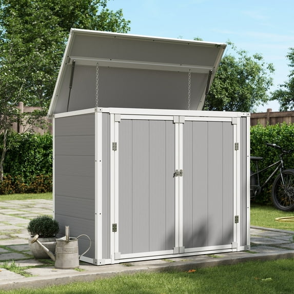 UDPATIO Outdoor Horizontal Storage Shed, 41 cu.ft Weatherproof Resin Storage Shed with Floor, for Trash Can Storage, Tools, Lawn Mower, for Patio, Grey