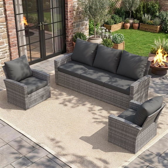 UDPATIO Outdoor Sectional Conversation Sets, Gray Wicker Patio Furniture Set, 3-piece Outdoor Sofa Set for Balcony, Gray
