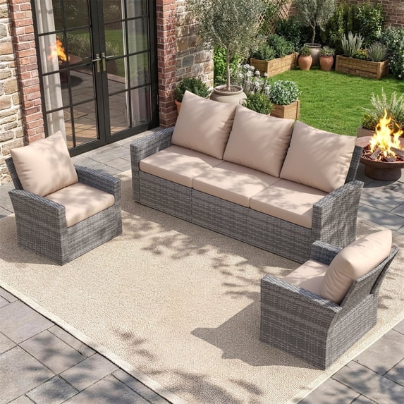 UDPATIO Outdoor Sectional Conversation Sets, Gray Wicker Patio Furniture Set, 3-piece Outdoor Sofa Set for Balcony, Beige