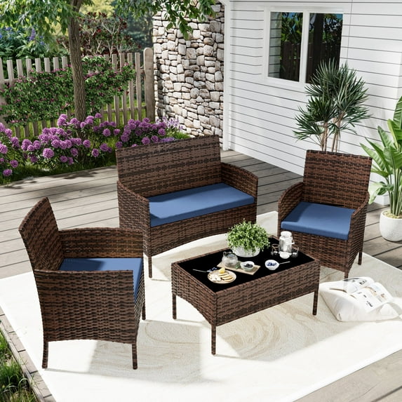 UDPATIO 4 Pieces Outdoor Patio Furniture,Sectional Conversation Sets,Brown PE Rattan Patio Chairs with Table and Loveseat for Balcony, Porch, Backyard,(Navy Blue Cushion)