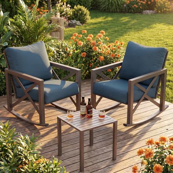UDPATIO 3-Piece Metal Patio Rocking Chair Set, Heavy Duty 350 lbs Capacity Outdoor Bistro Furniture Set with 2 Rockers, Thick Cushions and Coffee Table for Porch, Rust-Resistant, Navy Blue