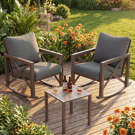 UDPATIO 3-Piece Metal Patio Rocking Chair Set, Heavy Duty 350 lbs Capacity Outdoor Bistro Furniture Set with 2 Rockers, Thick Cushions and Coffee Table for Porch, Rust-Resistant, Grey