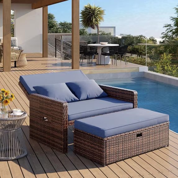 UDPATIO Wicker Patio Outdoor Daybed, Outdoor Chaise Lounger w/ 4-Level Adjustable Backrest, Storage Ottoman for Balcony, Garden, Poolside (Blue)