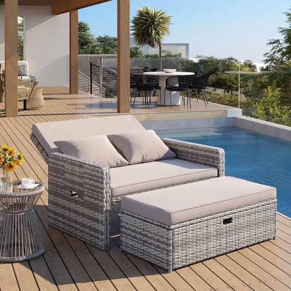 UDPATIO Wicker Patio Outdoor Daybed, Outdoor Chaise Lounger w/ 4-Level Adjustable Backrest, Storage Ottoman for Balcony, Garden, Poolside (Grey)