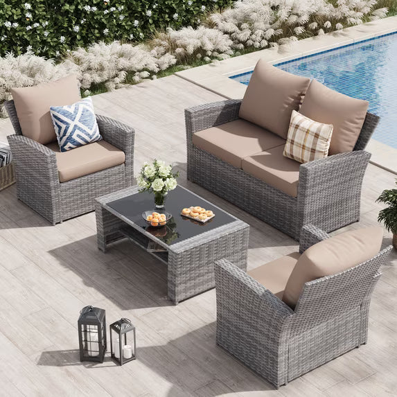 UDPATIO Wicker Patio Furniture Set, 4 Piece Outdoor Sectional Conversation Sets, Gray PE Rattan Patio Sofa Set for Balcony, Backyard, Beige