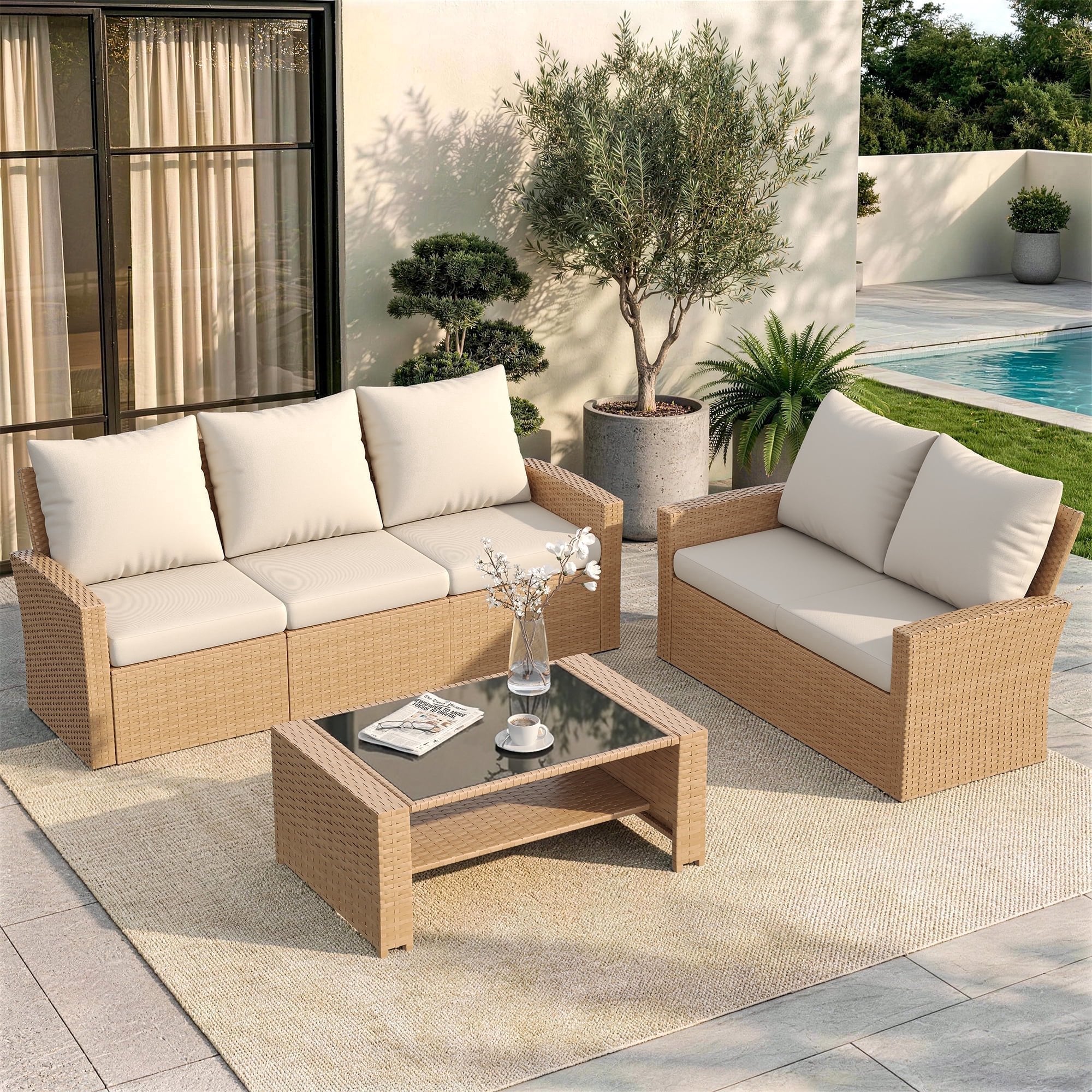 UDPATIO Wicker Patio Furniture Set, 6 Piece Outdoor Sectional Conversation Sets, Yellow PE Rattan Patio Sofa Set for Balcony, Backyard, Beige