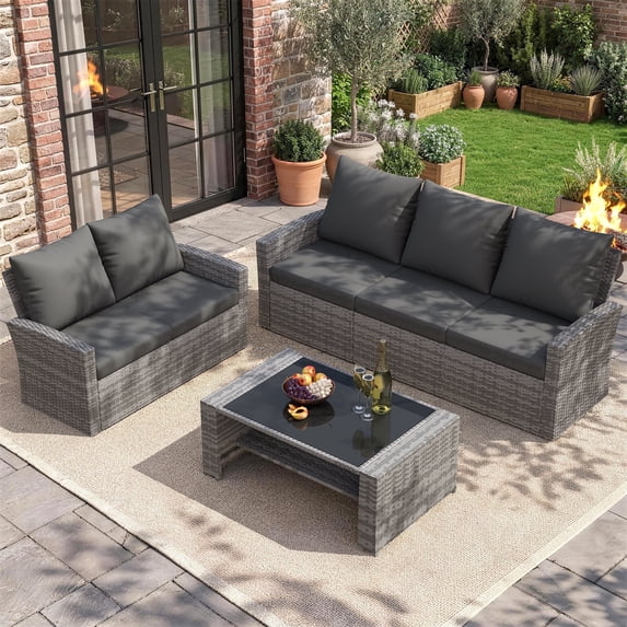 UDPATIO Wicker Patio Furniture Set, Gray PE Rattan Patio Sofa Set with Coffee Table, Multi-person Outdoor Sectional Sets for Balcony, Backyard, Gray