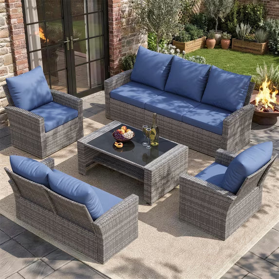 UDPATIO 5-piece Wicker Patio Furniture Set, Multiple Combination Conversation Set, Gray PE Rattan Patio Sofa Set for Balcony, Backyard, Navy Blue
