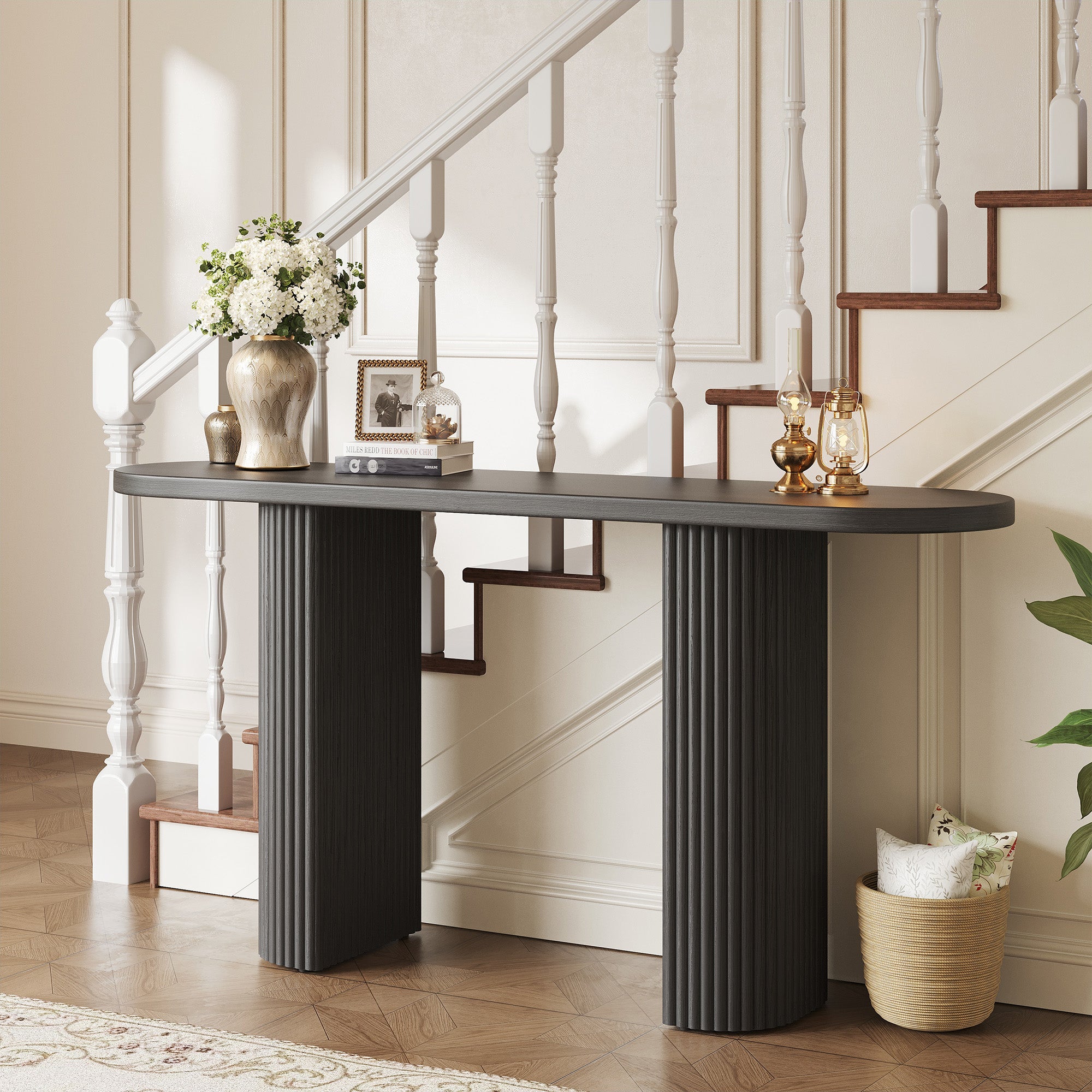 GRANKASA 60.2 Inch Oval Solid Wood Console Table, Oak TV Stand with Natural Walnut Finish & Vertical Striped Legs - Mid-Century Modern Sofa Table for Living Room (Black)