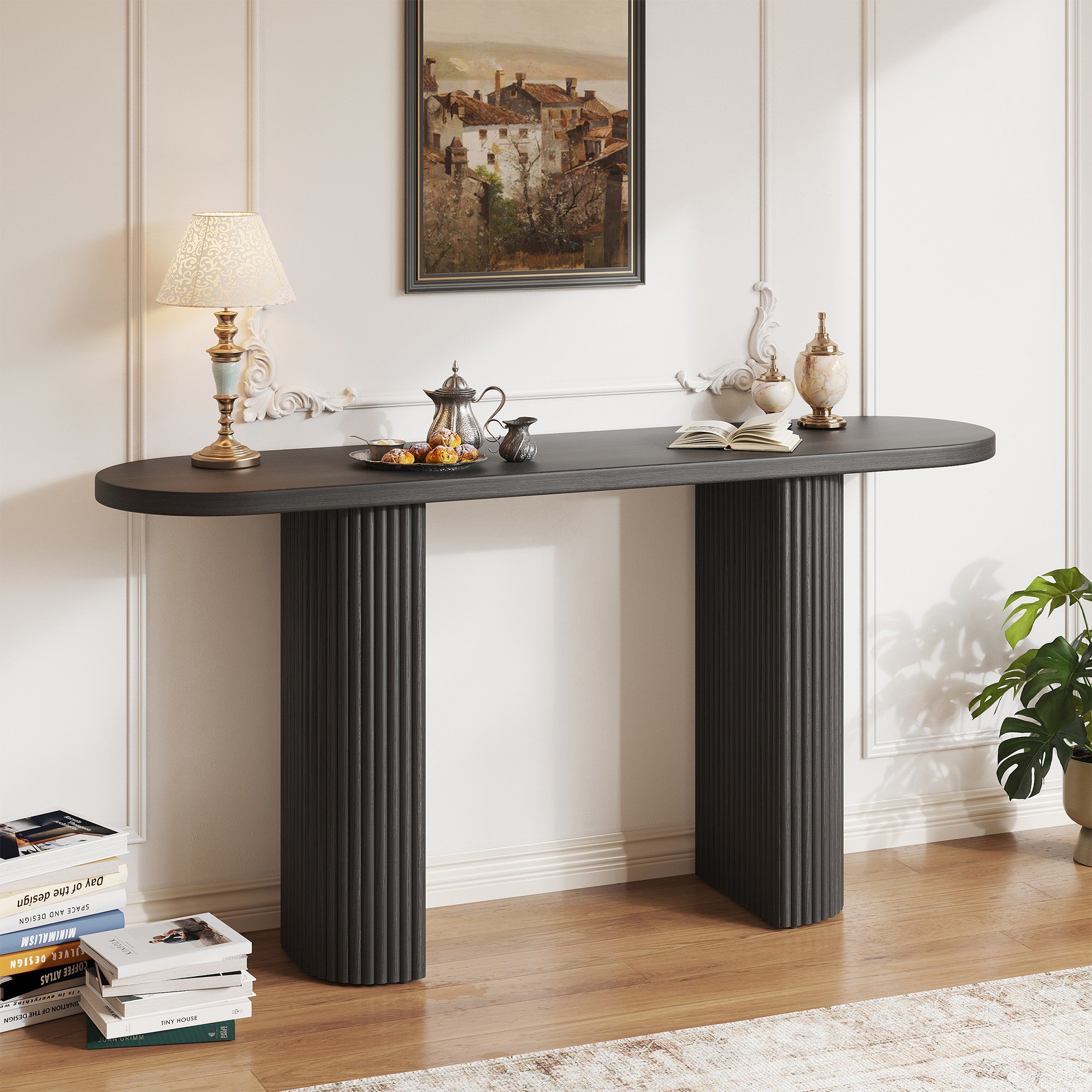 GRANKASA 60.2 Inch Oval Solid Wood Console Table, Oak TV Stand with Natural Walnut Finish & Vertical Striped Legs - Mid-Century Modern Sofa Table for Living Room (Black)