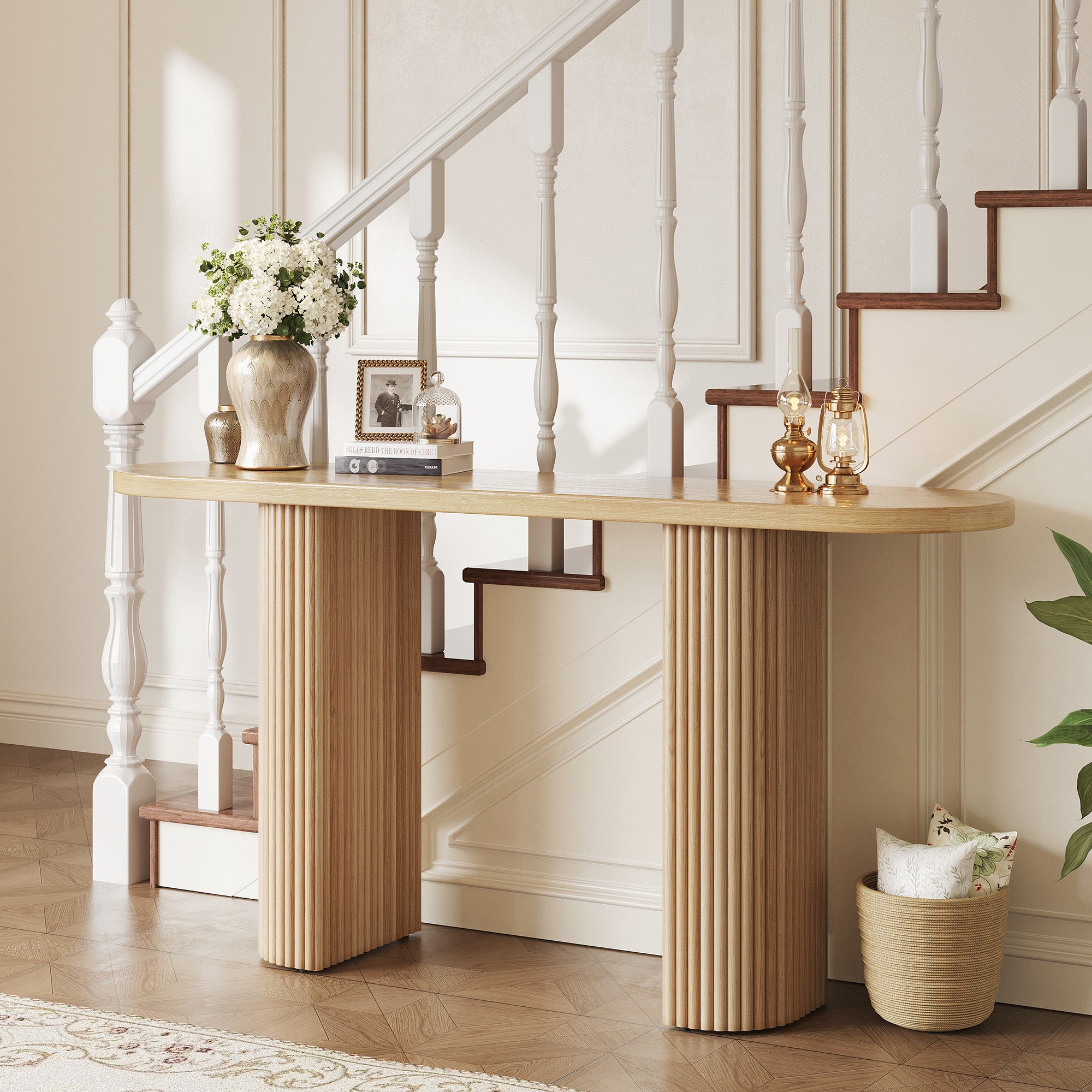 GRANKASA 60.2 Inch Oval Solid Wood Console Table, Oak TV Stand with Natural Walnut Finish & Vertical Striped Legs - Mid-Century Modern Sofa Table for Living Room Natural Wood