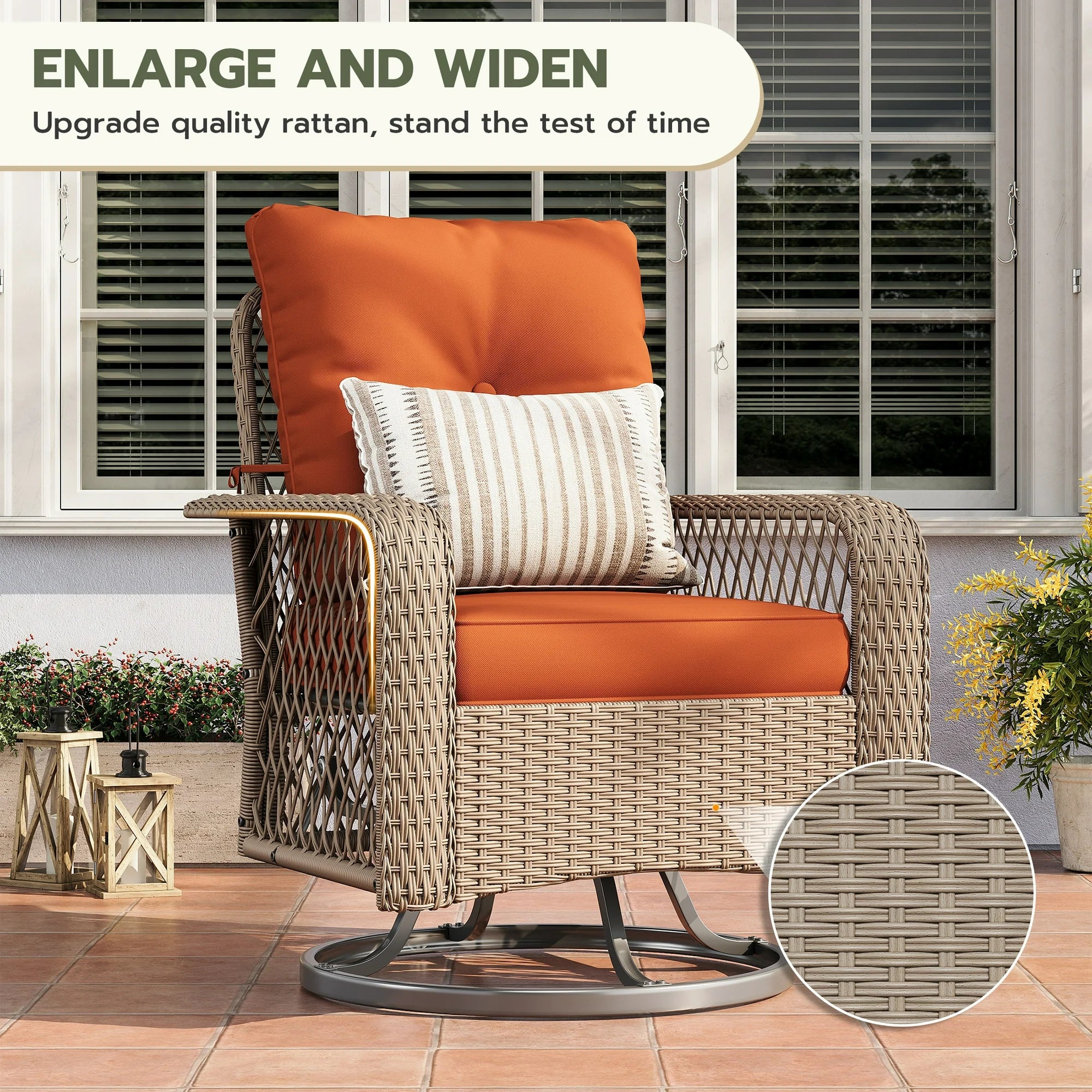 UDPATIO 3 Pieces Patio Furniture Set, Outdoor Swivel Gliders Rocker, Wicker Patio Bistro Set with Rattan Rocking Chair, Glass Top Side Table and Thickened Cushions for Porch Deck Backyard (Tangerine)