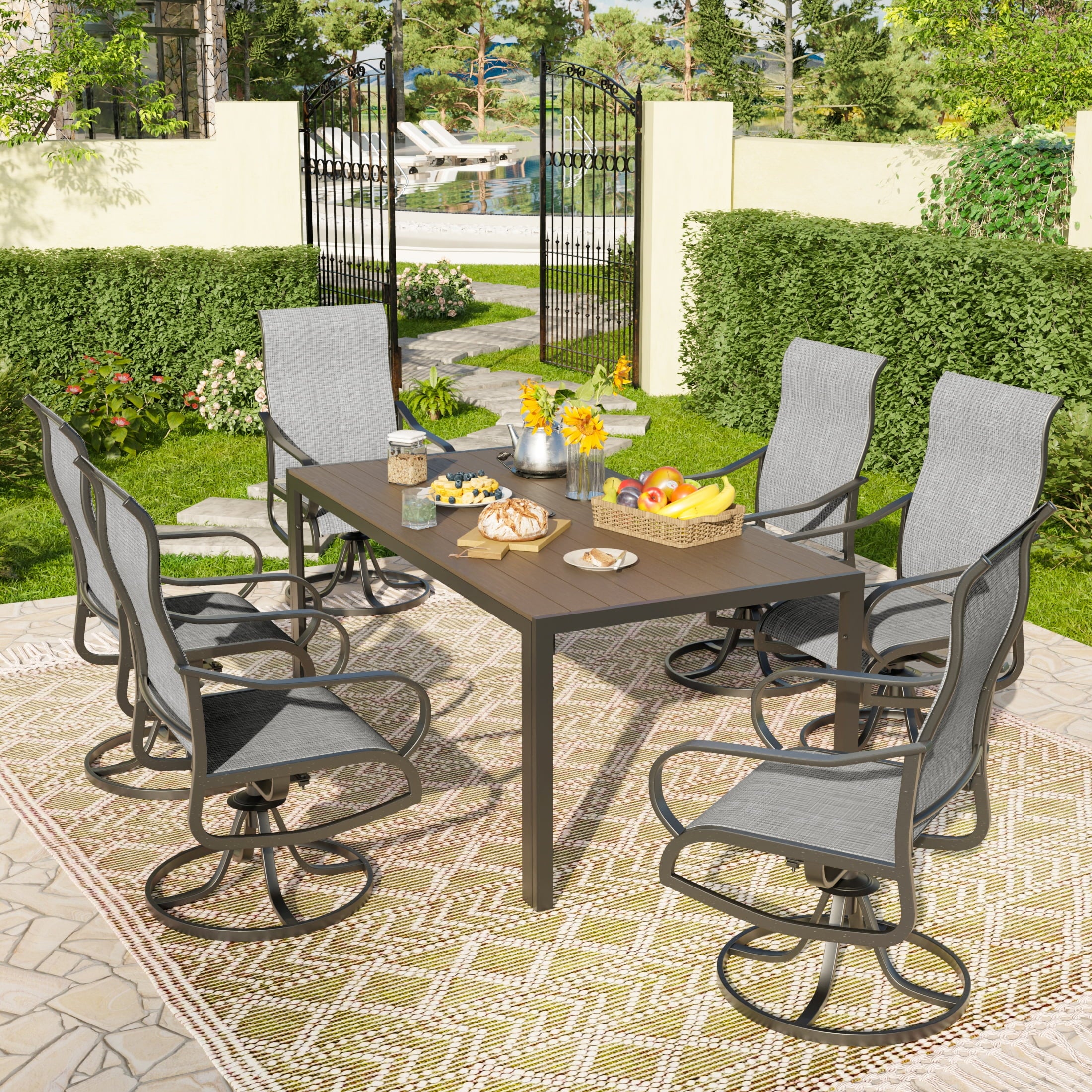 UDPATIO 7-Piece Outdoor Dining Set with High-Back Swivel Chairs & Iron Rectangle Table for 6-Person, Brown & Light Gray