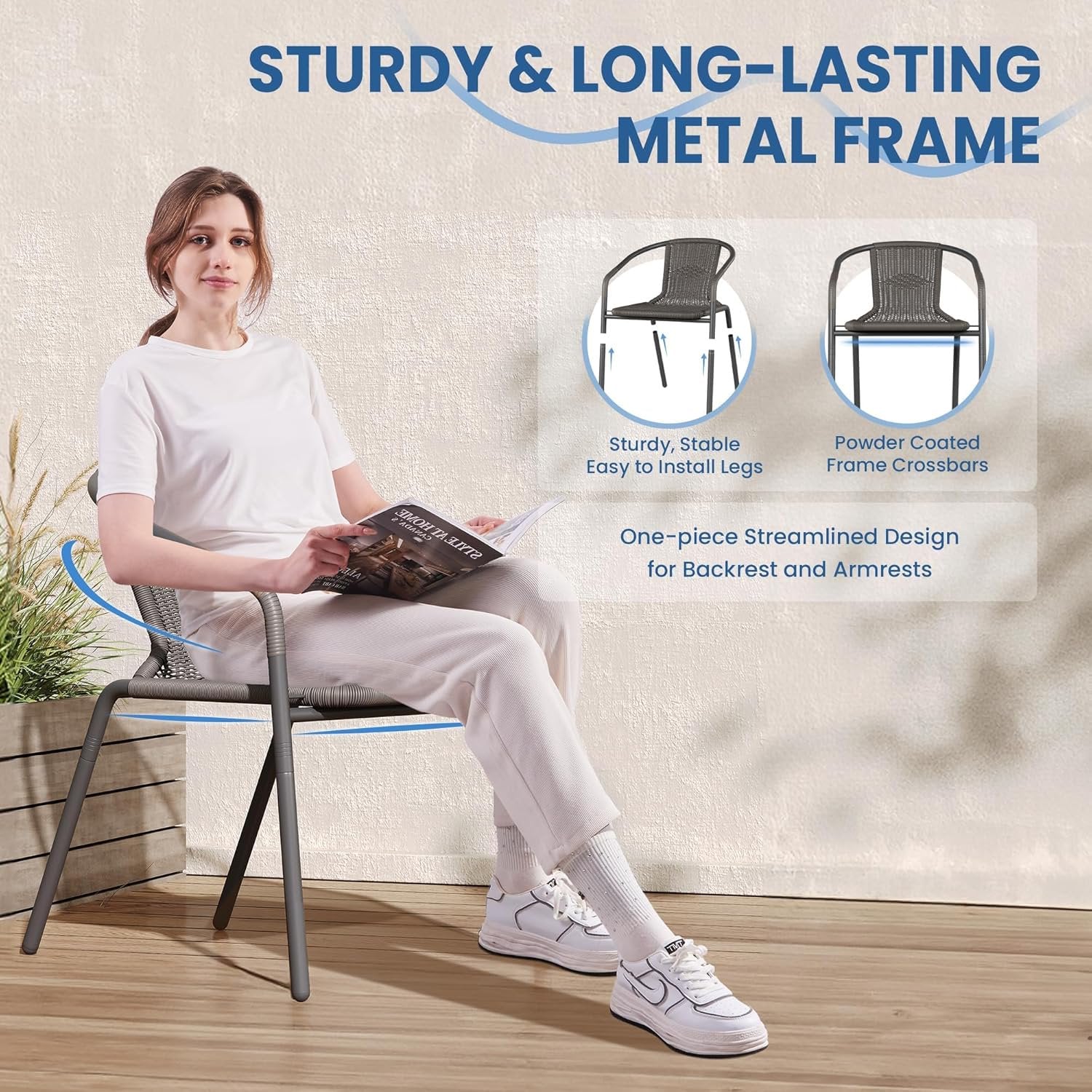 UDPATIO Rattan Outdoor Dining Chairs Set of 4, Wicker Stackable Patio Chairs, for Indoor Restaurant Porch, Grey