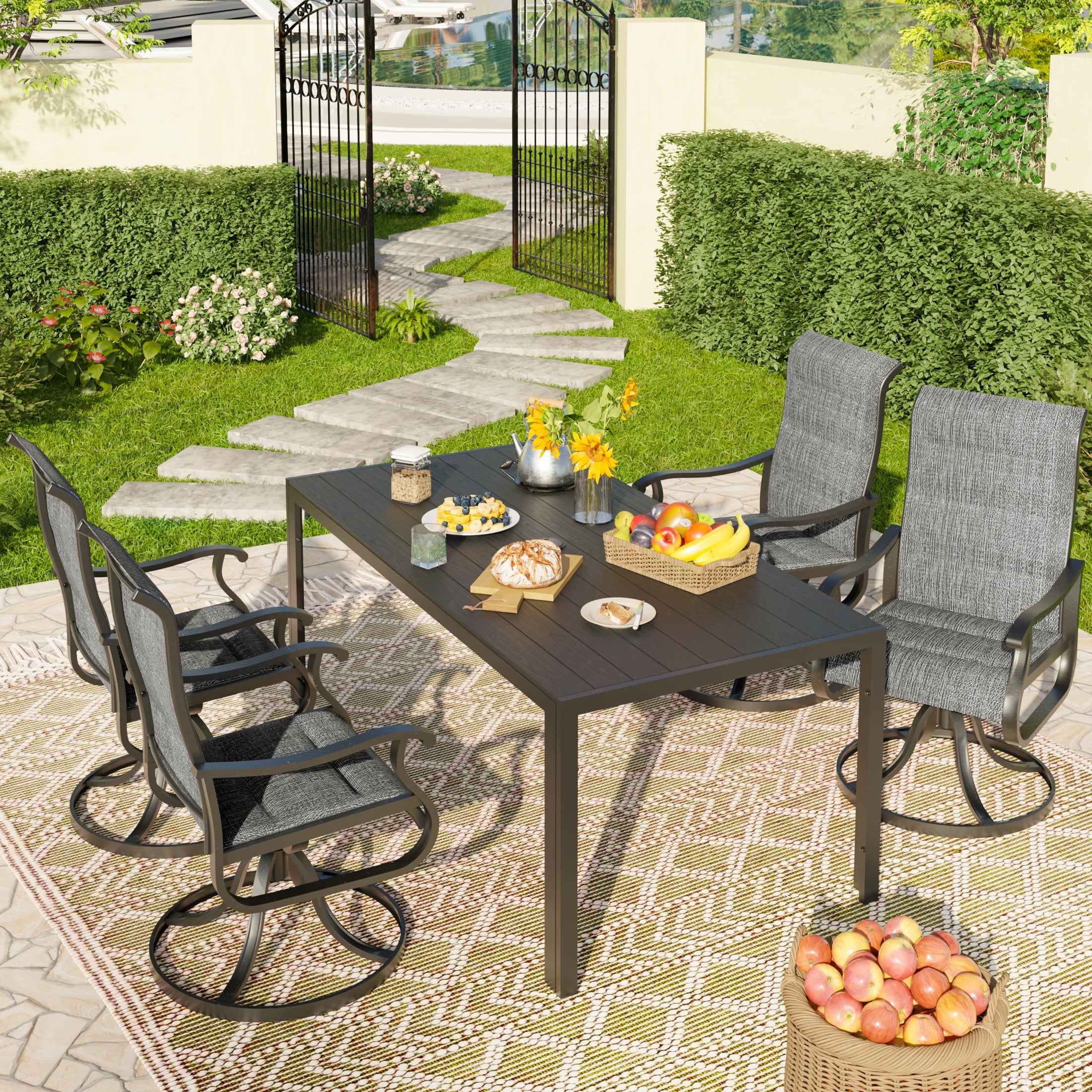 UDPATIO 5-Piece Outdoor Dining Set with High-Back Swivel Padded Chairs & Iron Rectangle Table for 4-Person, Black & Dark Grey